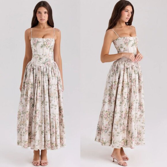 NWOT Floral Maxi Dress Drop Waist Gown Pink Cottagecore Size Medium - Picture 1 of 11
